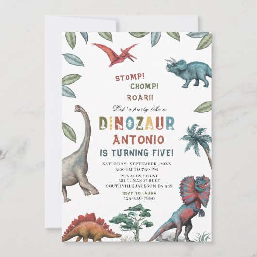 恐竜の水色のチョンプの轟音の誕生日の部分 招待状 (正面)