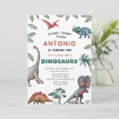 恐竜の水色のチョンプの轟音の誕生日の部分 招待状 (スタンド正面)