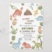 恐竜の水色のチョンプの轟音の誕生日の部分 招待状 (正面/裏面)
