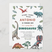 恐竜の水色のチョンプの轟音の誕生日の部分 招待状 (正面/裏面)