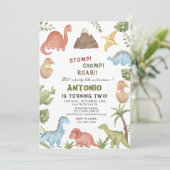 恐竜の水色のチョンプの轟音の誕生日の部分 招待状 (スタンド正面)