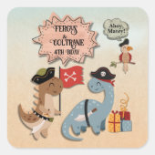 恐竜の海賊誕生日パーティツインボーイズカスタムズ スクエアシール (正面)