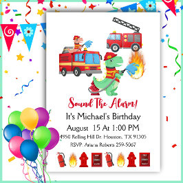 恐竜の消防士の男の子の誕生日パーティー 招待状