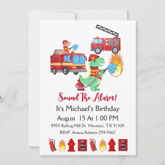 恐竜の消防士の男の子の誕生日パーティー 招待状 (正面)