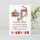 恐竜の消防士の男の子の誕生日パーティー 招待状 (スタンド正面)