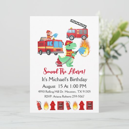 恐竜の消防士の男の子の誕生日パーティー 招待状 (スタンド正面)