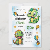 恐竜の漫画の少年の最初の誕生日パーティー 招待状 (正面)