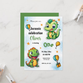 恐竜の漫画の少年の最初の誕生日パーティー 招待状