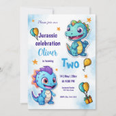 恐竜の漫画の青い誕生日のお祝い 招待状 (正面)