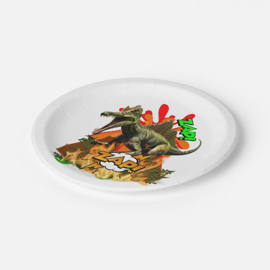 恐竜の漫画アート·ボルケノザップ先史時代の白 ペーパープレート (アングル)