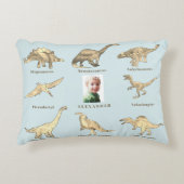 恐竜の男のパーソナライズされた子の名前とフォトブルー アクセントクッション (正面)