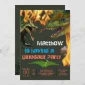 恐竜の男の子のテーマの誕生日パーティー T-Rex 炎 招待状 (正面/裏面)