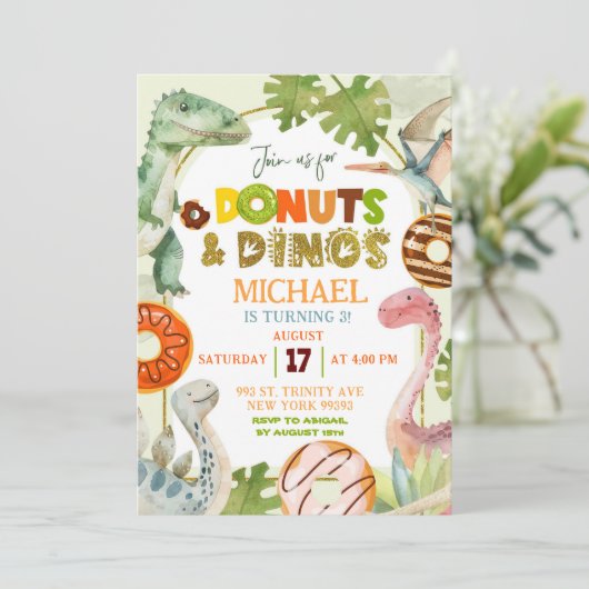 恐竜の男の子のドーナツとディノスバースデーパーティー 招待状 (スタンド正面)