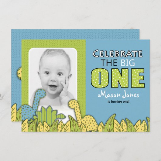 恐竜の男の子の最初誕生会 招待状 (正面/裏面)