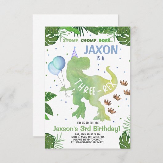 恐竜の男の子の誕生日の招待状、3レックス招待状 招待状 (正面/裏面)