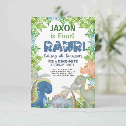 恐竜の男の子の誕生日の招待、ディノ招待状。 招待状 (スタンド正面)