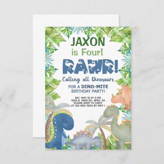 恐竜の男の子の誕生日の招待、ディノ招待状。 招待状 (正面/裏面)