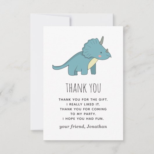 恐竜の男の子の誕生日 | かわいい子供用トリケラトプスの絵 サンキューカード (正面)