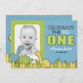 恐竜の男の子の1歳の誕生日パーティー 招待状 (正面/裏面)