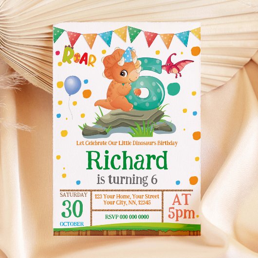 恐竜の男の子の6歳の誕生日パーティー招待状 招待状