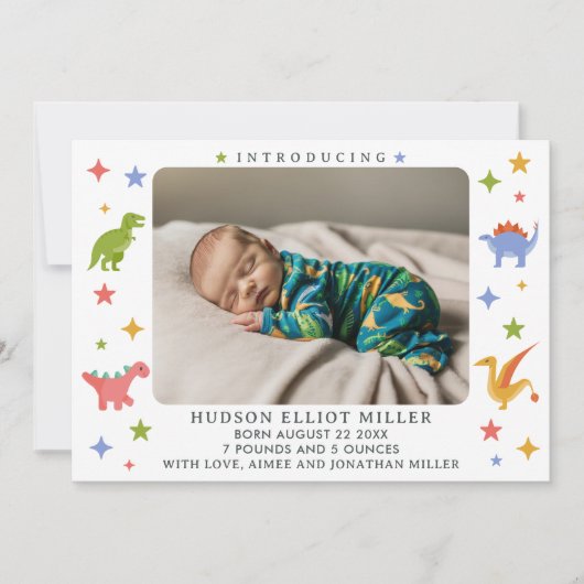 恐竜の男の赤ちゃん写真の誕生発表カード 案内状 (正面)