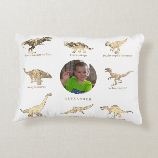 恐竜の男パーソナライズされたの子の名前と写真 アクセントクッション (裏面)