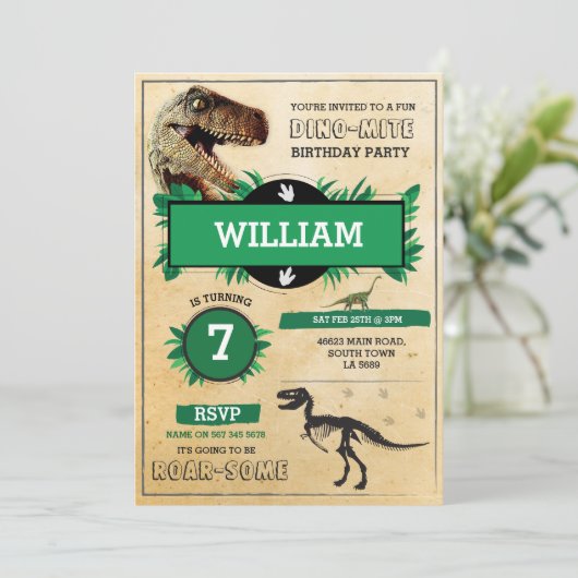 恐竜の発掘の誕生会のTレックスのディーノの招待 招待状 (スタンド正面)