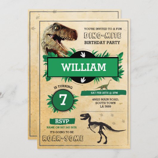 恐竜の発掘の誕生会のTレックスのディーノの招待 招待状 (正面/裏面)