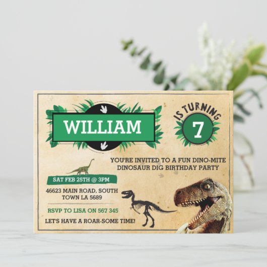 恐竜の発掘の誕生日のパーティの招待状のTRexの招待 招待状 (スタンド正面)