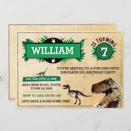 恐竜の発掘の誕生日のパーティの招待状のTRexの招待 招待状 (正面/裏面)