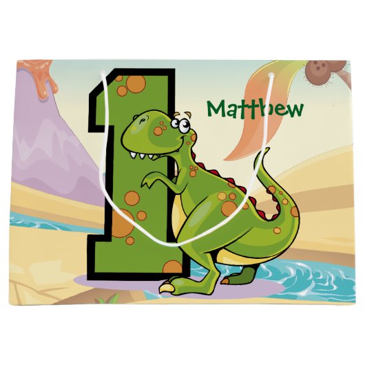 恐竜の第1誕生会のカスタム ラージペーパーバッグ (正面)