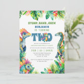 恐竜の第2の誕生日パーティーかわいい男の赤ちゃんトロピカル 招待状 (スタンド正面)