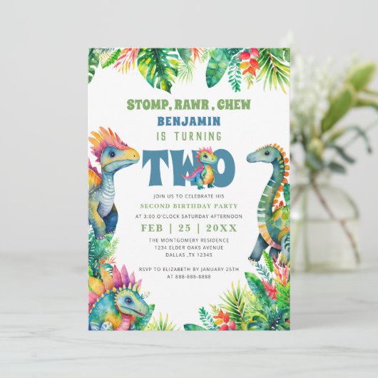 恐竜の第2の誕生日パーティーかわいい男の赤ちゃんトロピカル 招待状 (スタンド正面)