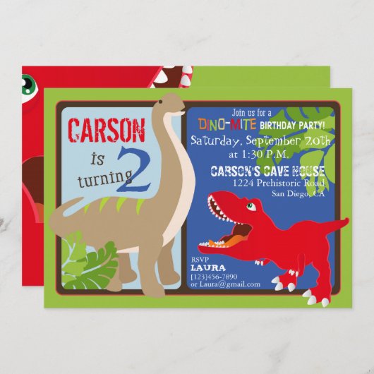 恐竜の第2誕生日招待状カード 招待状 (正面/裏面)
