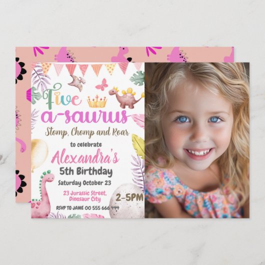 恐竜の第5誕生日ガールFive A-Saurus写真 招待状 (正面/裏面)