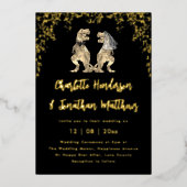 恐竜の結婚式 T-Rexの花嫁と花婿 ブラック&ゴールド 箔招待状 (正面)