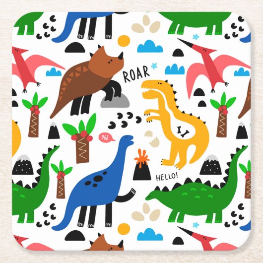 恐竜の継ぎ目のない模様 スクエアペーパーコースター (正面)