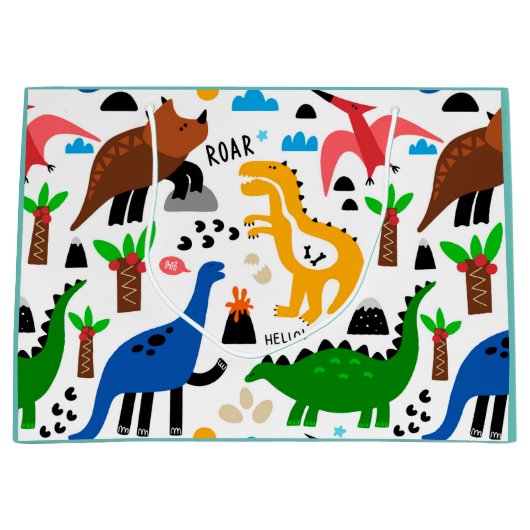 恐竜の継ぎ目のない模様 ラージペーパーバッグ (正面)