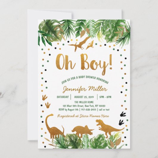 恐竜の緑と金ゴールドサファリ赤ちゃんシャワー 招待状 (正面)
