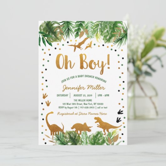 恐竜の緑と金ゴールドサファリ赤ちゃんシャワー 招待状 (スタンド正面)