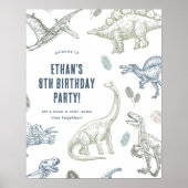 恐竜の緑と青の誕生日パーティーウェルカムサイン ポスター (正面)