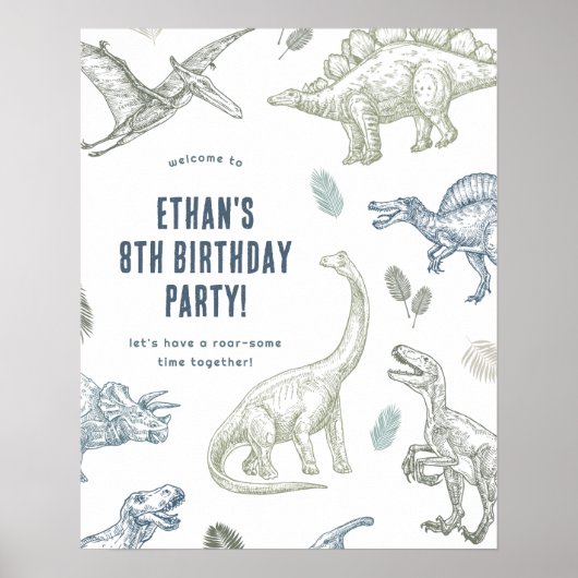恐竜の緑と青の誕生日パーティーウェルカムサイン ポスター (正面)