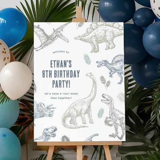 恐竜の緑と青の誕生日パーティーウェルカムサイン ポスター