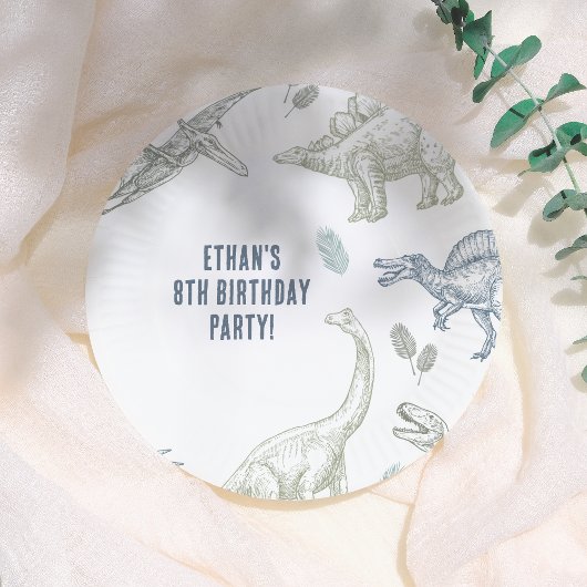 恐竜の緑と青の誕生日パーティー ペーパープレート