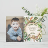 恐竜の緑のジノダニ誕生日パーティーの写真 サンキューカード (スタンド正面)