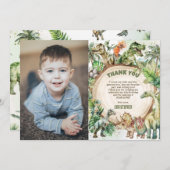 恐竜の緑のジノダニ誕生日パーティーの写真 サンキューカード (正面/裏面)