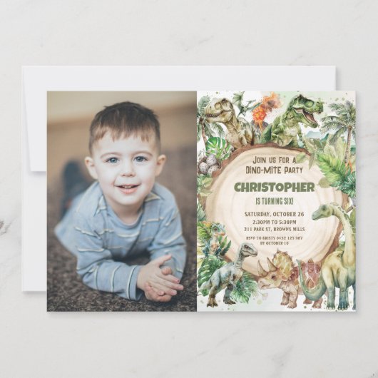 恐竜の緑のジノダニ誕生日パーティーの写真 招待状 (正面)