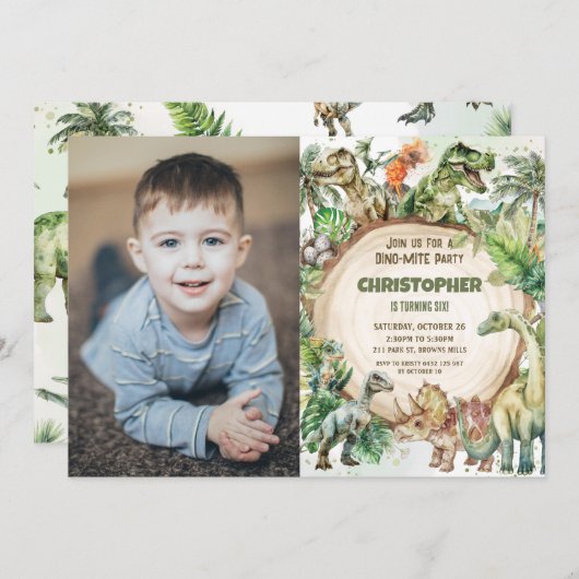 恐竜の緑のジノダニ誕生日パーティーの写真 招待状 (正面/裏面)
