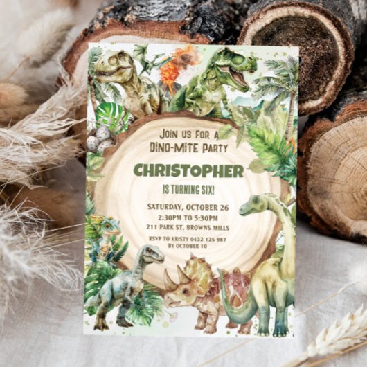恐竜の緑のダイノダニ誕生日パーティー 招待状