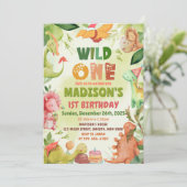 恐竜の緑のワイルドワン1歳の誕生日パーティー 招待状 (スタンド正面)